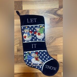 Wool Needlepoint Christmas Stocking Let It Snow Snowman Blue Velvet Back 17"